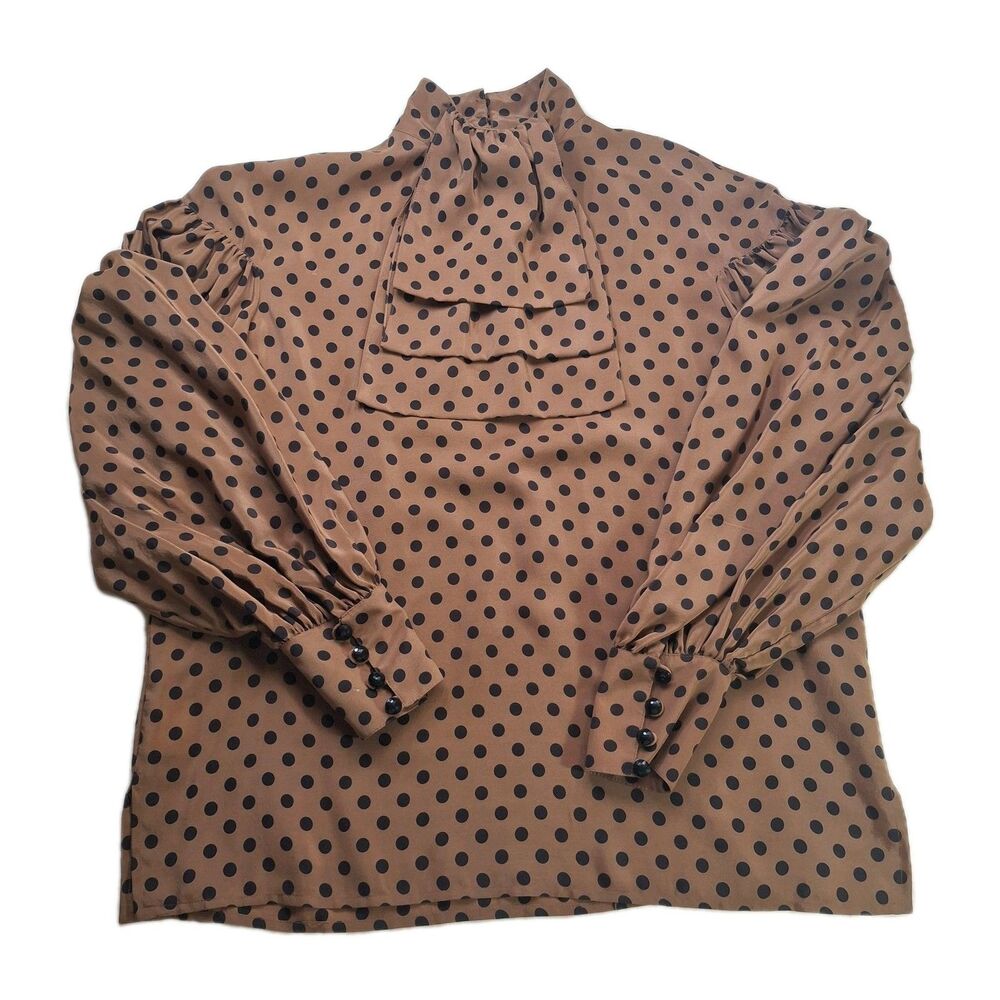 Vtg Don Sayres Sz Sm 100% Silk Ruffle Neck Tie Balloon Sleeve Blouse Polkadots